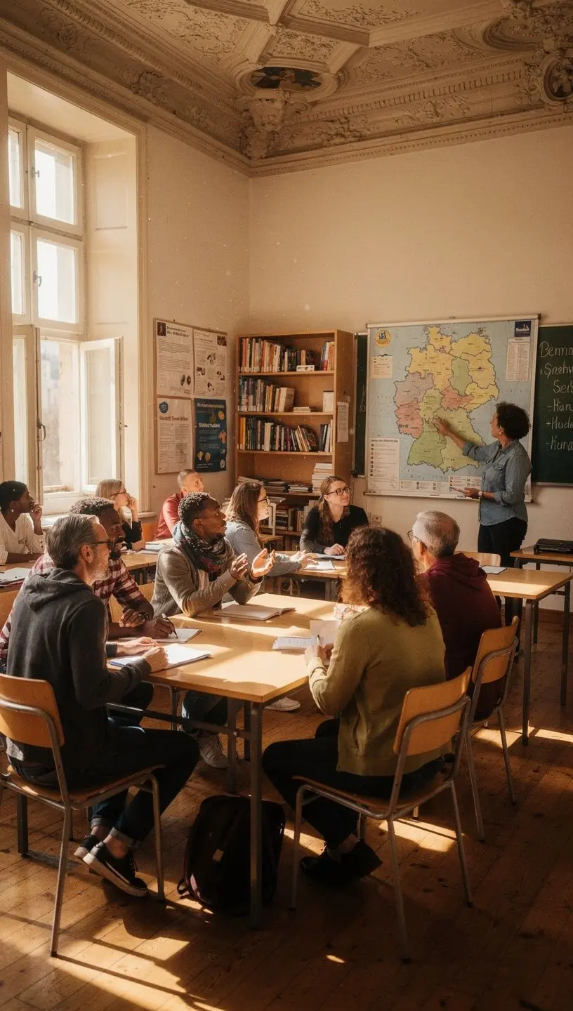Reisende lernen Deutsch in einer interaktiven Gruppensitzung vor historischer Kulisse in Deutschland.